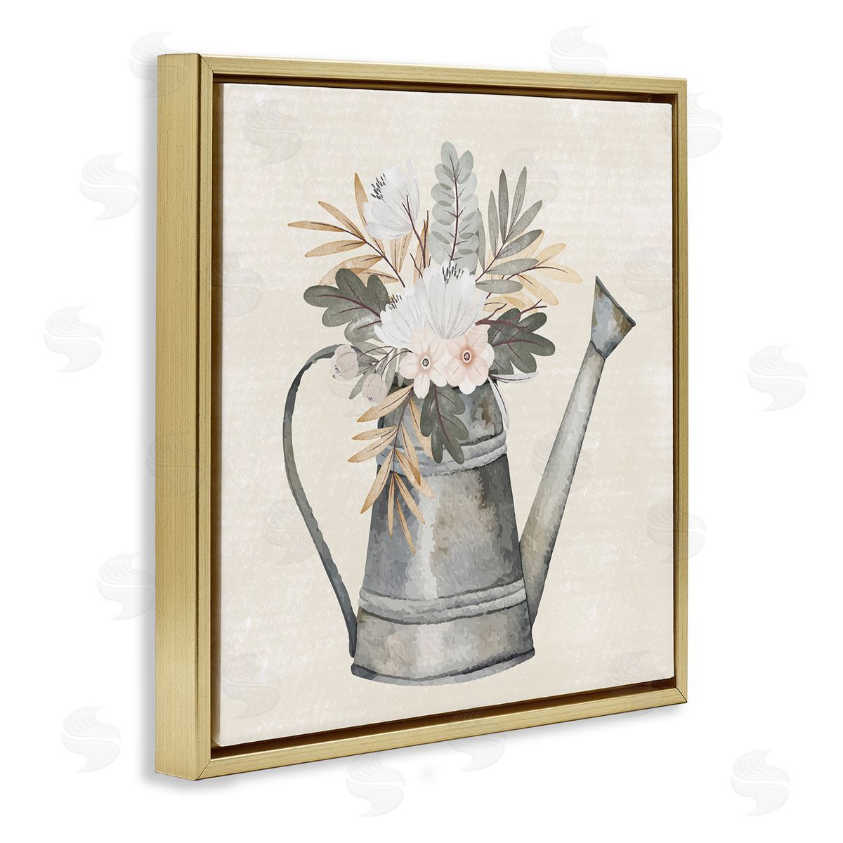 Nicole DeCamp Country Botanical Watering Can Bouquet Gold Floating Frame Canvas Wall Art Print