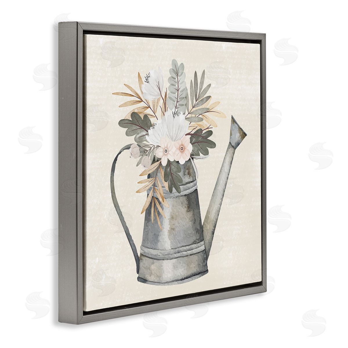 Nicole DeCamp Country Botanical Watering Can Bouquet Gray Floating Frame Canvas Wall Art Print