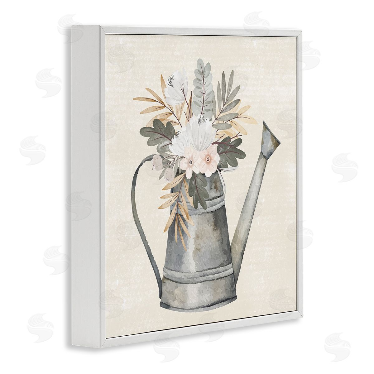 Nicole DeCamp Country Botanical Watering Can Bouquet White Framed Glicee Wall Art Print