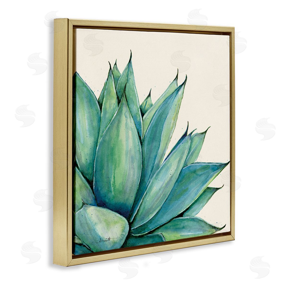 Stephanie Workman Marrott Aloe Plant Watercolor Style Leaves Gold Floating Frame Canvas Wall Art Print