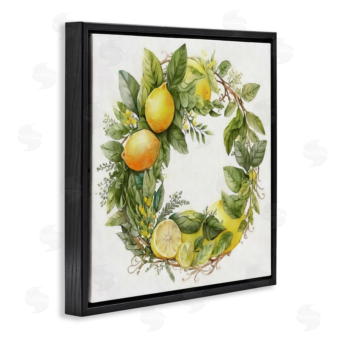Ziwei Li Citrus Lemons Greenery Wreath Black Floating Frame Canvas Wall Art Print