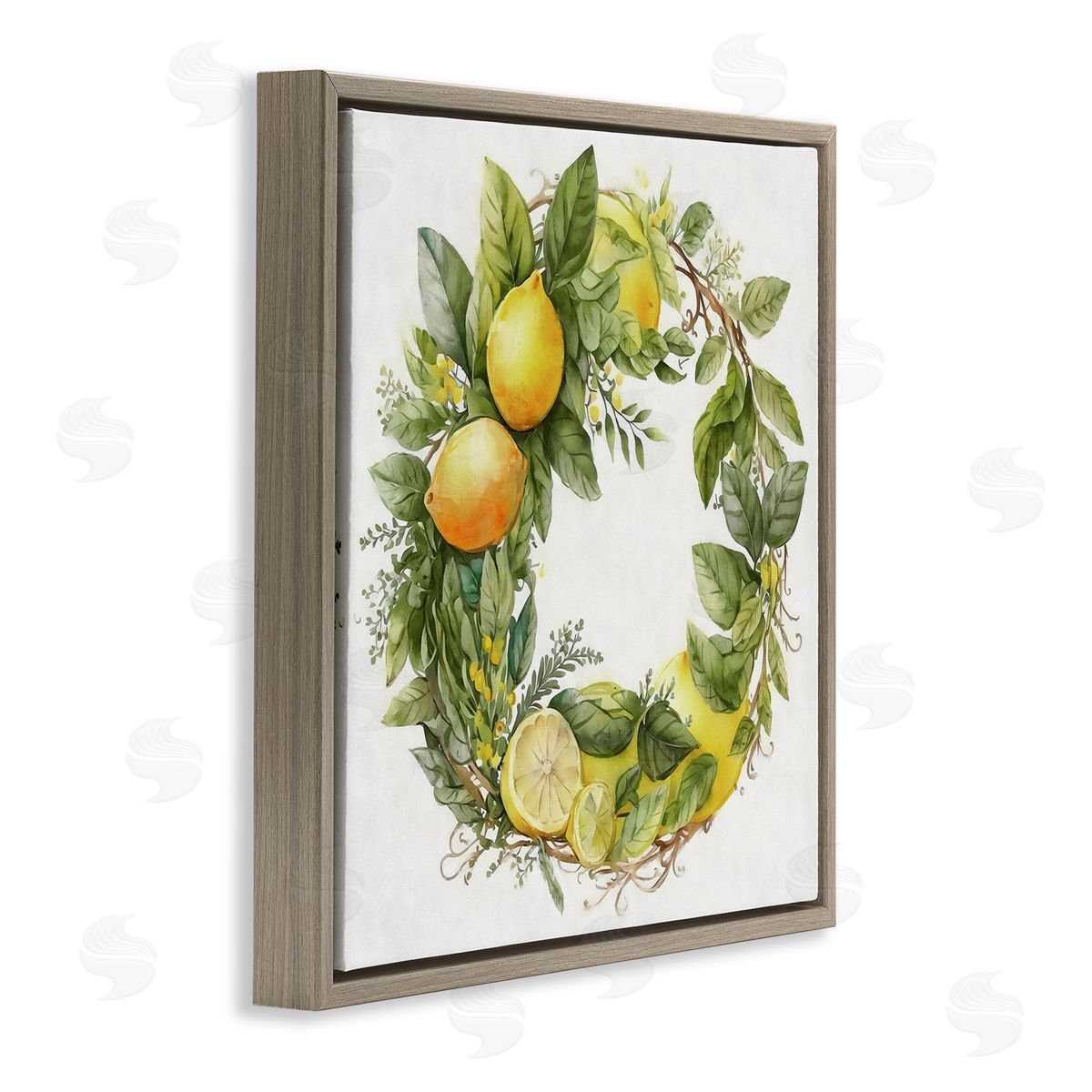 Ziwei Li Citrus Lemons Greenery Wreath Brown Floating Frame Canvas Wall Art Print