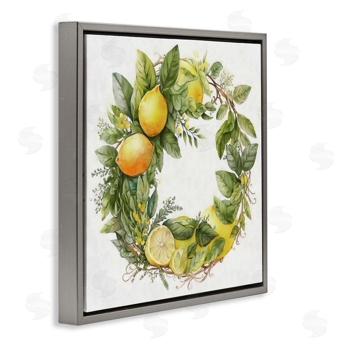Ziwei Li Citrus Lemons Greenery Wreath Gray Floating Frame Canvas Wall Art Print