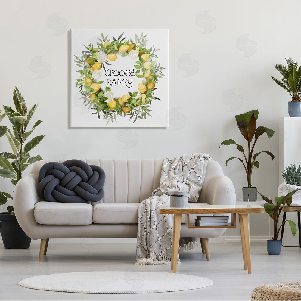 Ziwei Li Choose Happy Lemon Roses Wreath Canvas Wall Art in Room