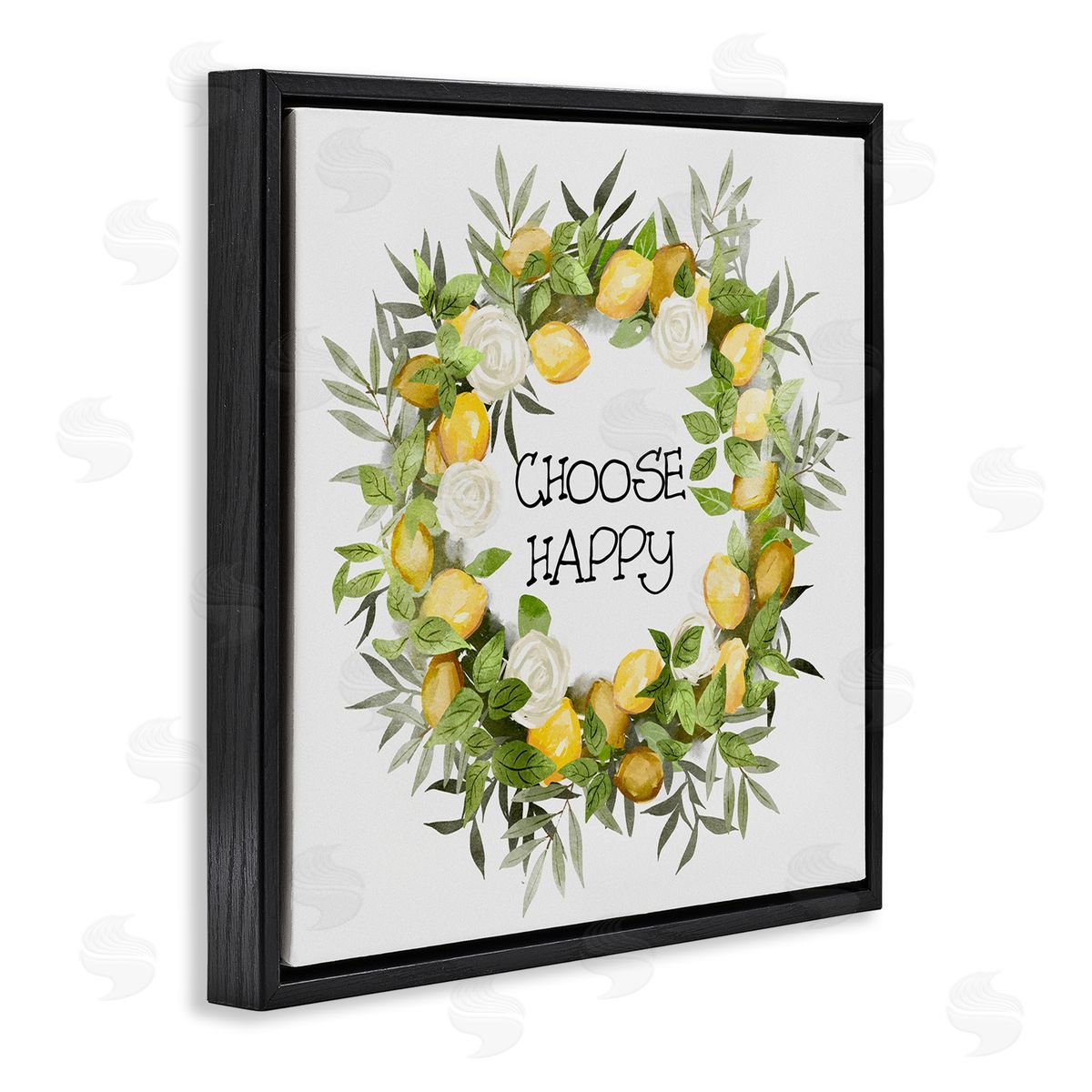 Ziwei Li Choose Happy Lemon Roses Wreath Black Floating Frame Canvas Wall Art Print