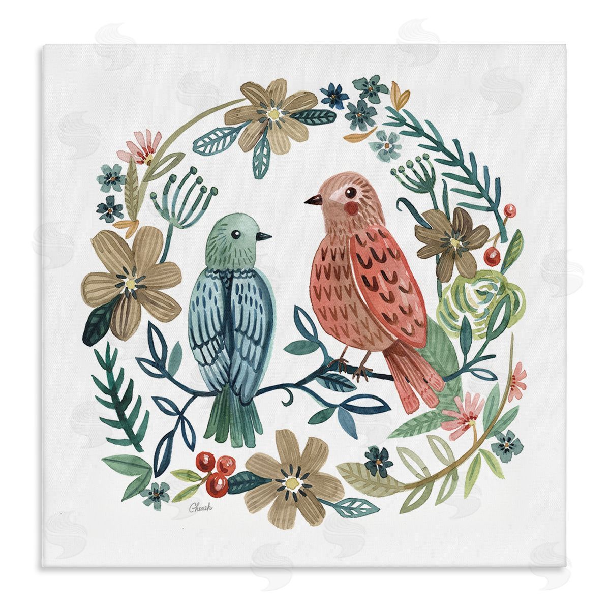 Cherish Flieder Birds Perched Natural Floral Wreath Stretched Canvas Wall Art Print