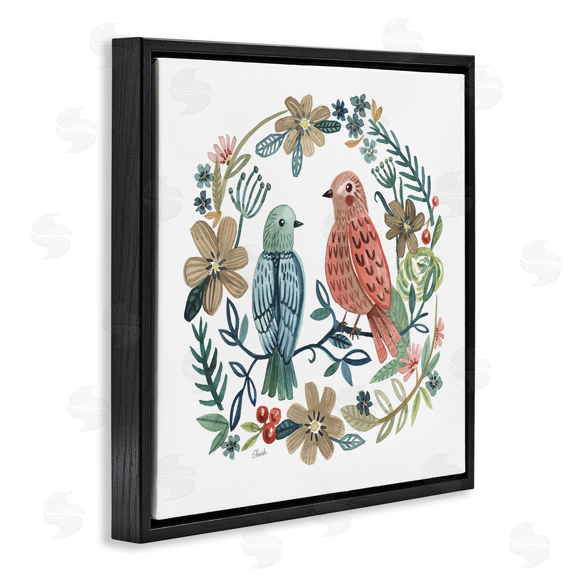 Cherish Flieder Birds Perched Natural Floral Wreath Black Floating Frame Canvas Wall Art Print