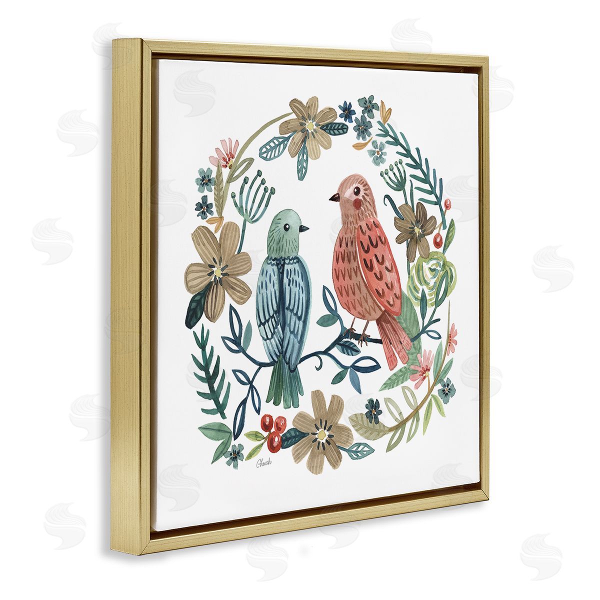 Cherish Flieder Birds Perched Natural Floral Wreath Gold Floating Frame Canvas Wall Art Print