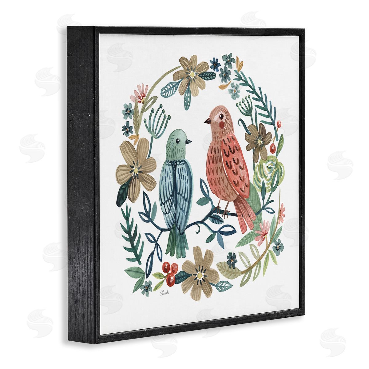 Cherish Flieder Birds Perched Natural Floral Wreath Black Framed Glicee Wall Art Print