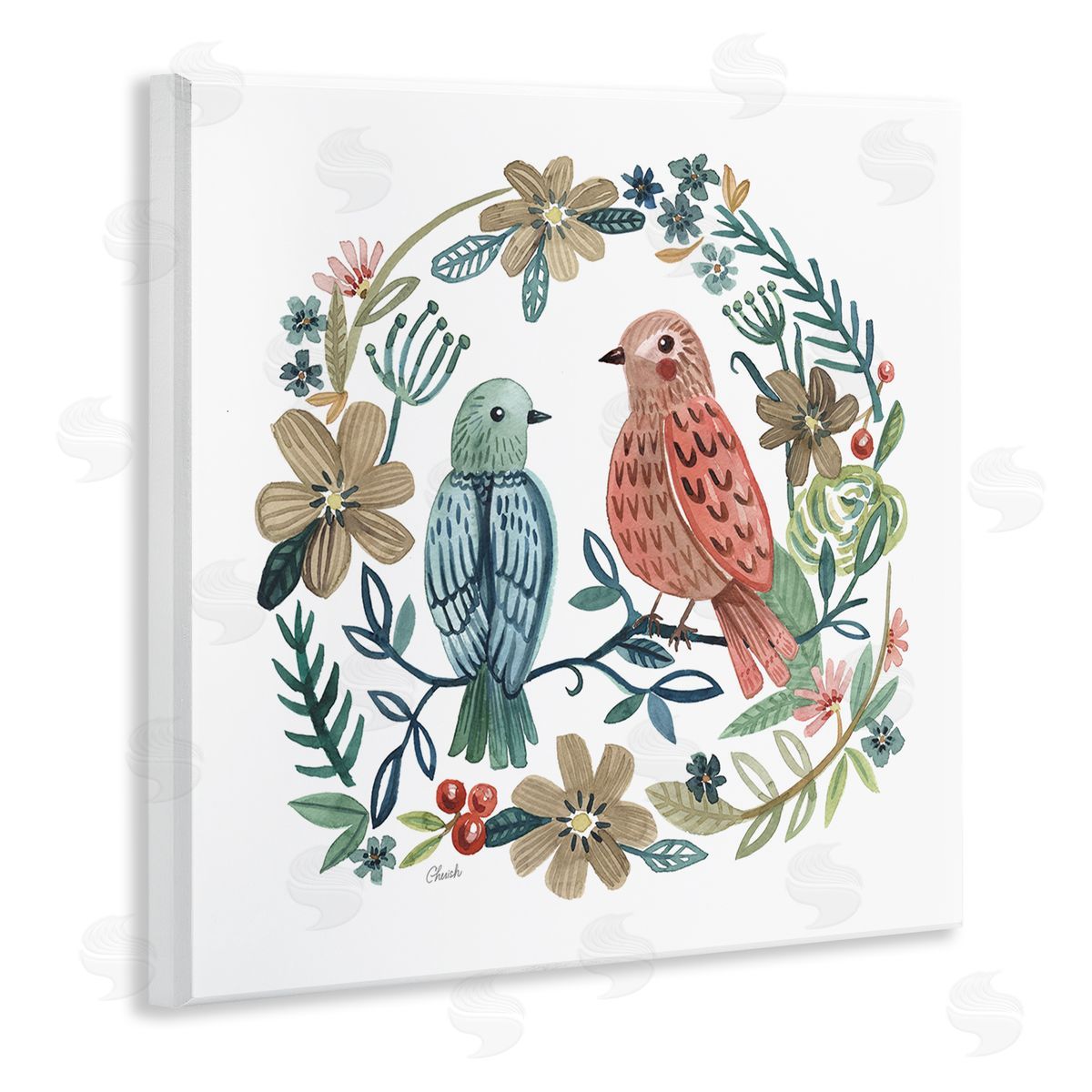 Cherish Flieder Birds Perched Natural Floral Wreath Wooden Wall Plaque Art Print