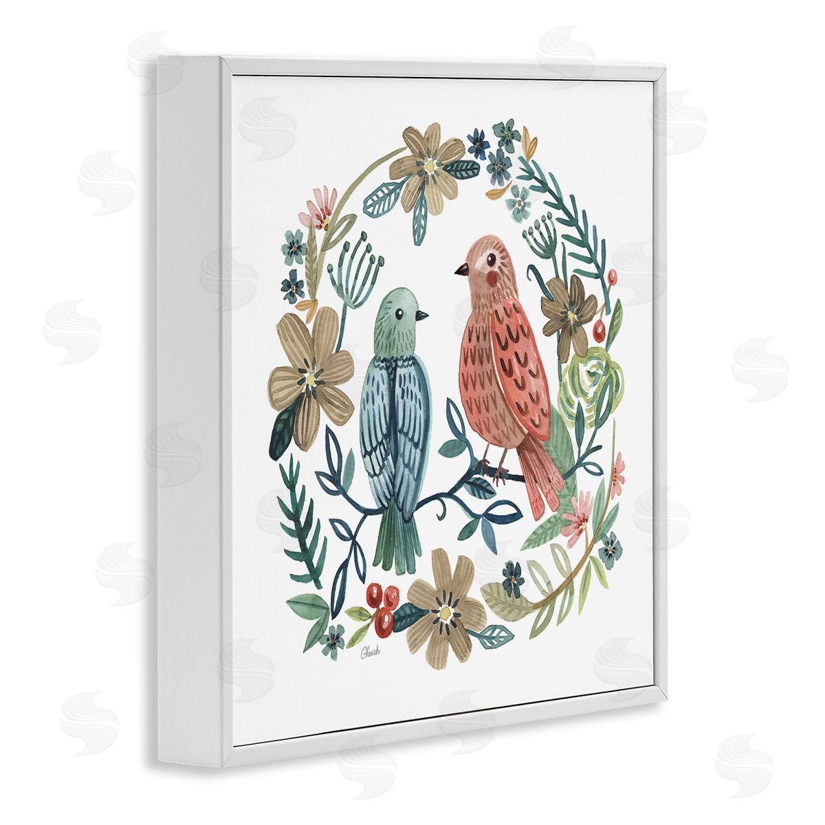 Cherish Flieder Birds Perched Natural Floral Wreath White Framed Glicee Wall Art Print