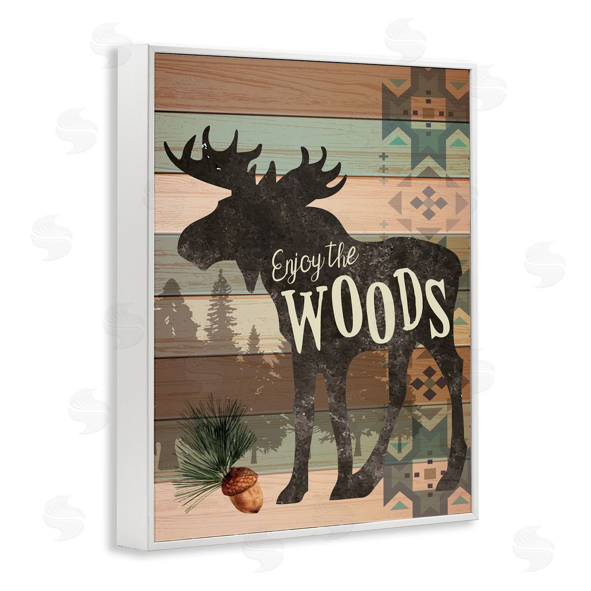 Enjoy The Woods Patterned Moose White Frame Print Wall Art, Home Decor by ND Art