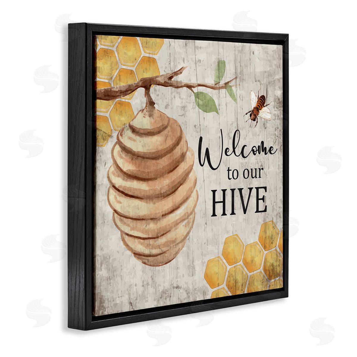 Nicole DeCamp Welcome To Our Hive Honeycomb Pattern Black Floating Frame Canvas Wall Art Print