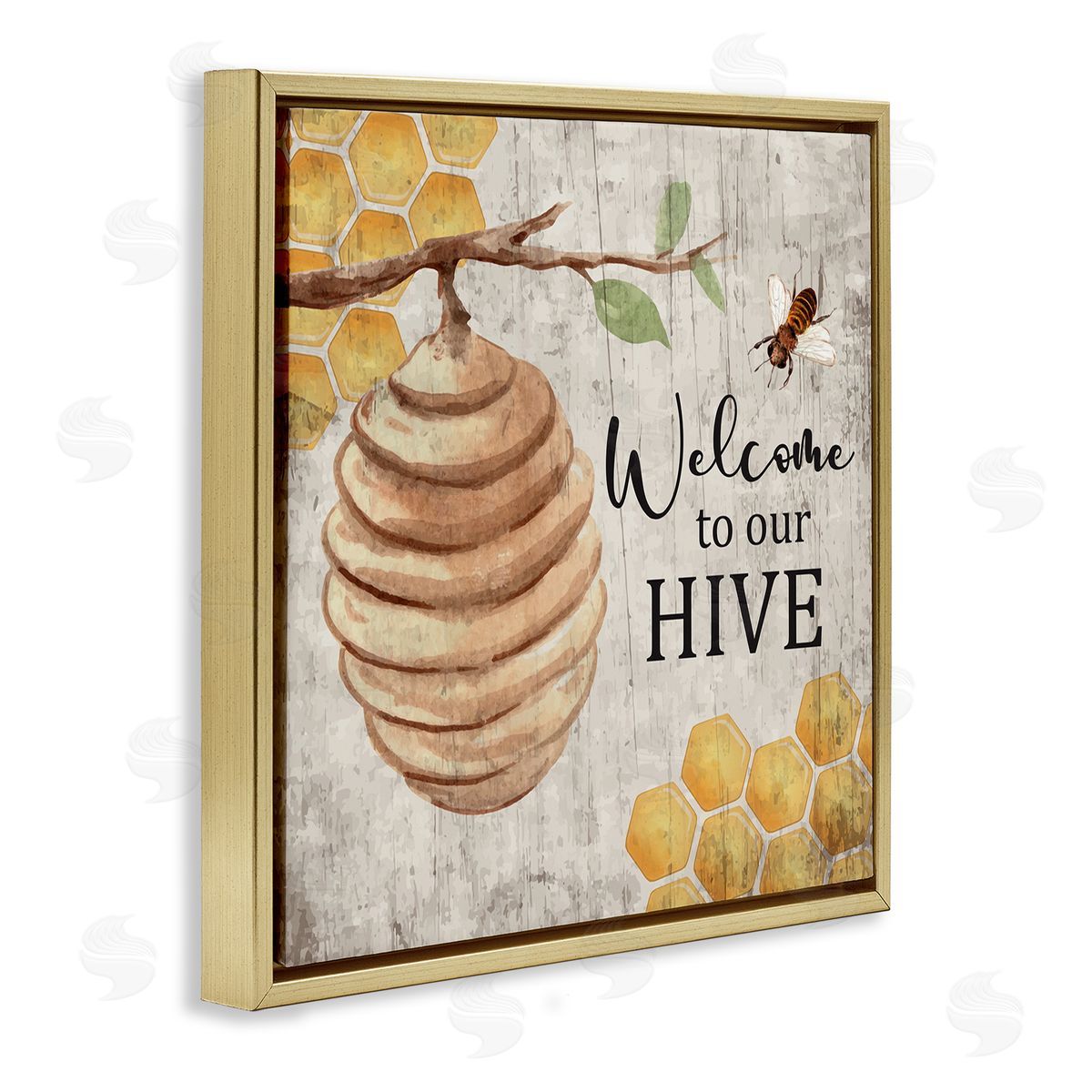 Nicole DeCamp Welcome To Our Hive Honeycomb Pattern Gold Floating Frame Canvas Wall Art Print