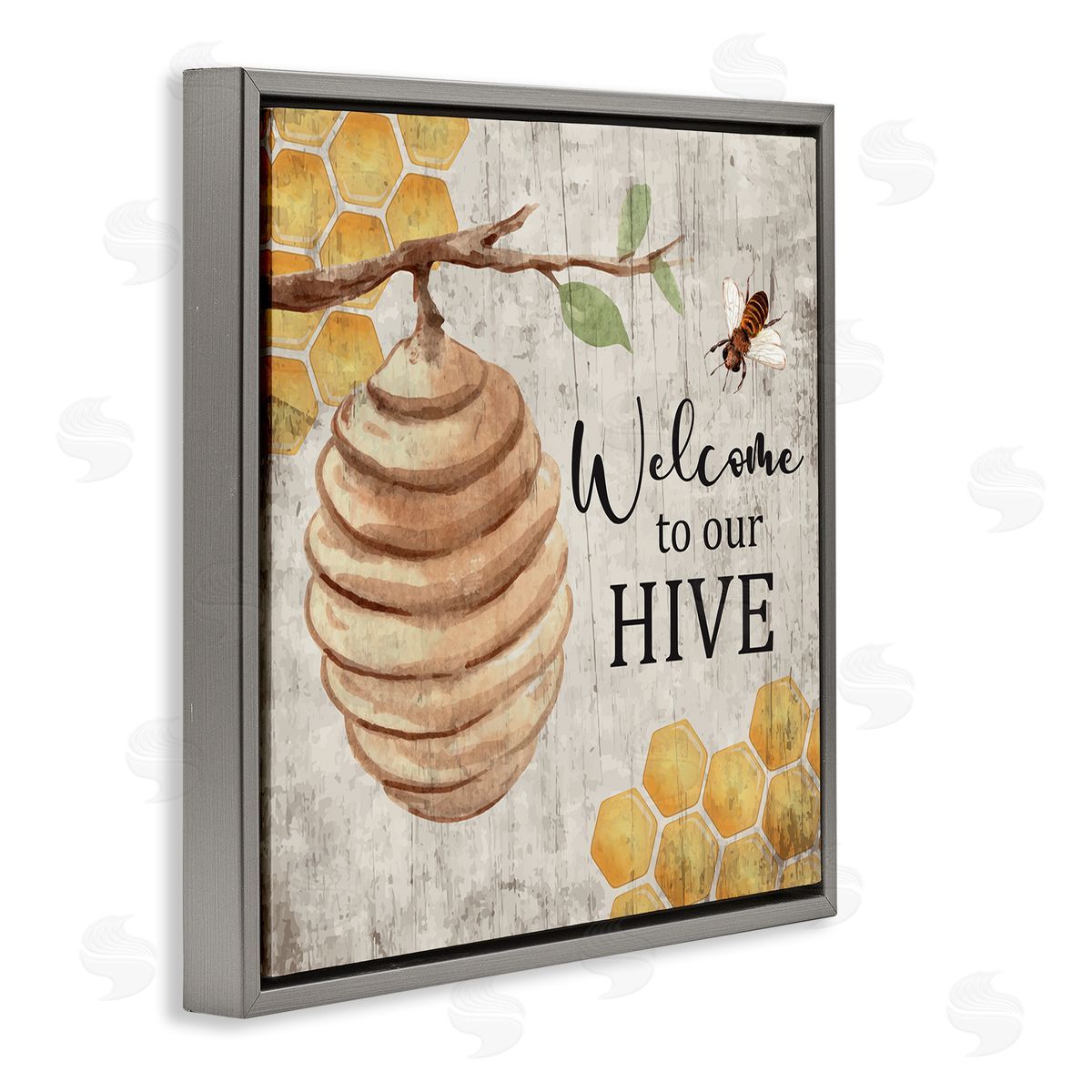 Nicole DeCamp Welcome To Our Hive Honeycomb Pattern Gray Floating Frame Canvas Wall Art Print