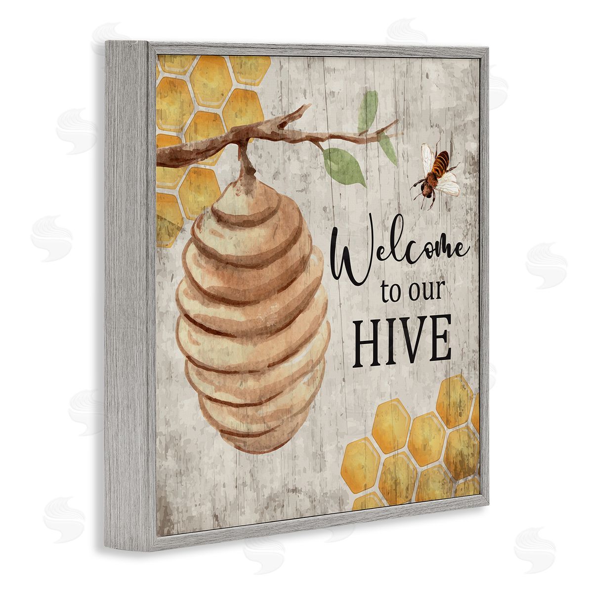 Nicole DeCamp Welcome To Our Hive Honeycomb Pattern Gray Framed Glicee Wall Art Print