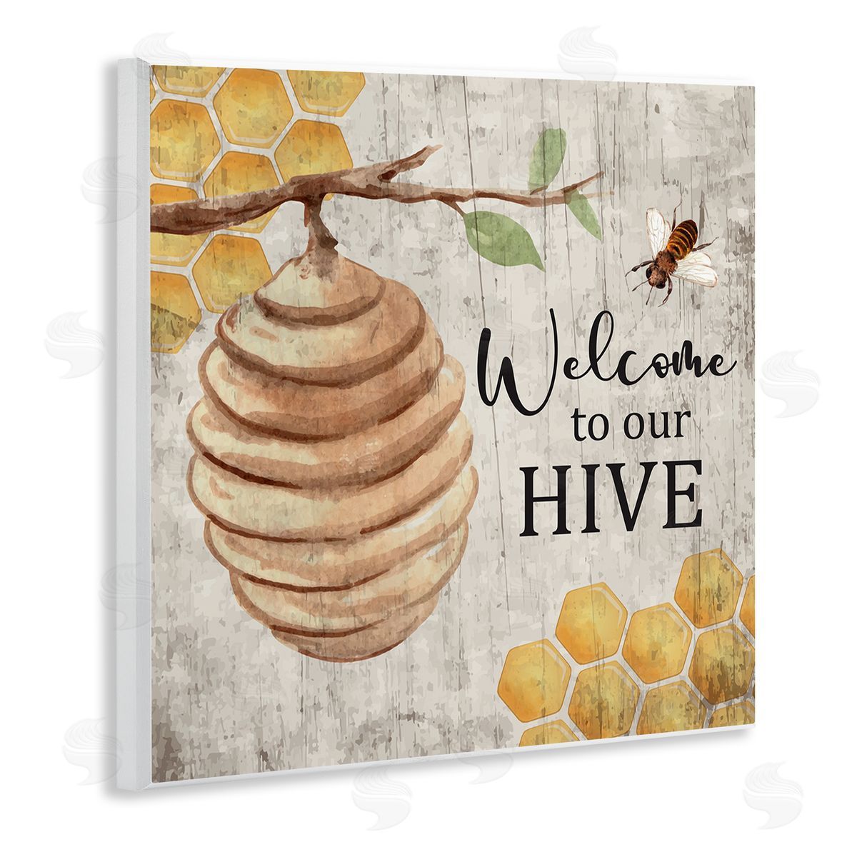 Nicole DeCamp Welcome To Our Hive Honeycomb Pattern Wooden Wall Plaque Art Print