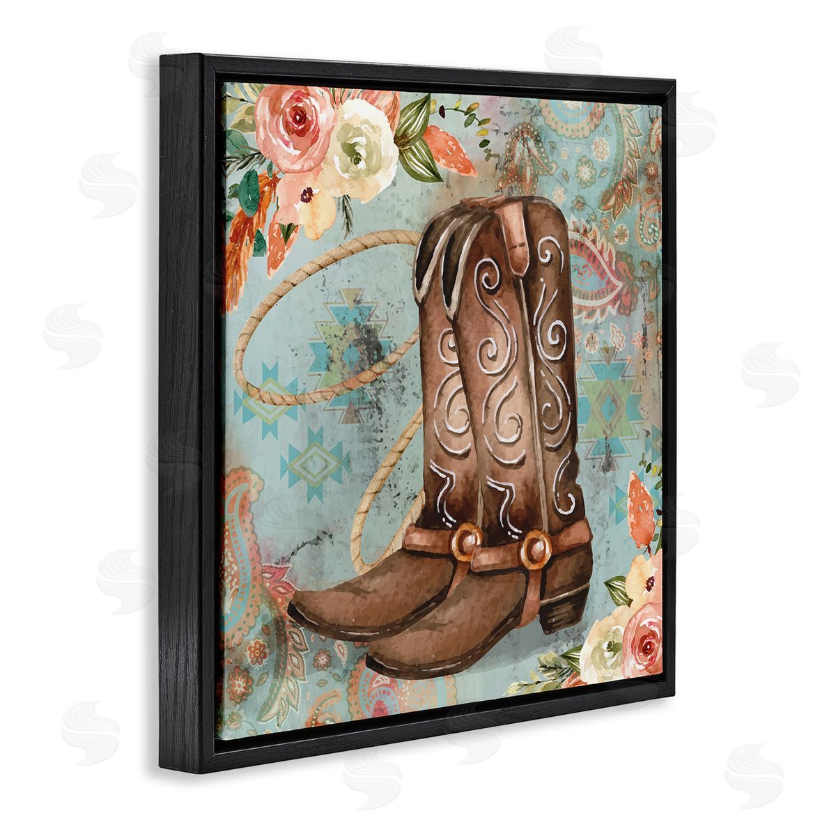 Cowboy Boots Western Paisley Florals Black Floating Frame Canvas Wall Art, Home Decor by ND Art