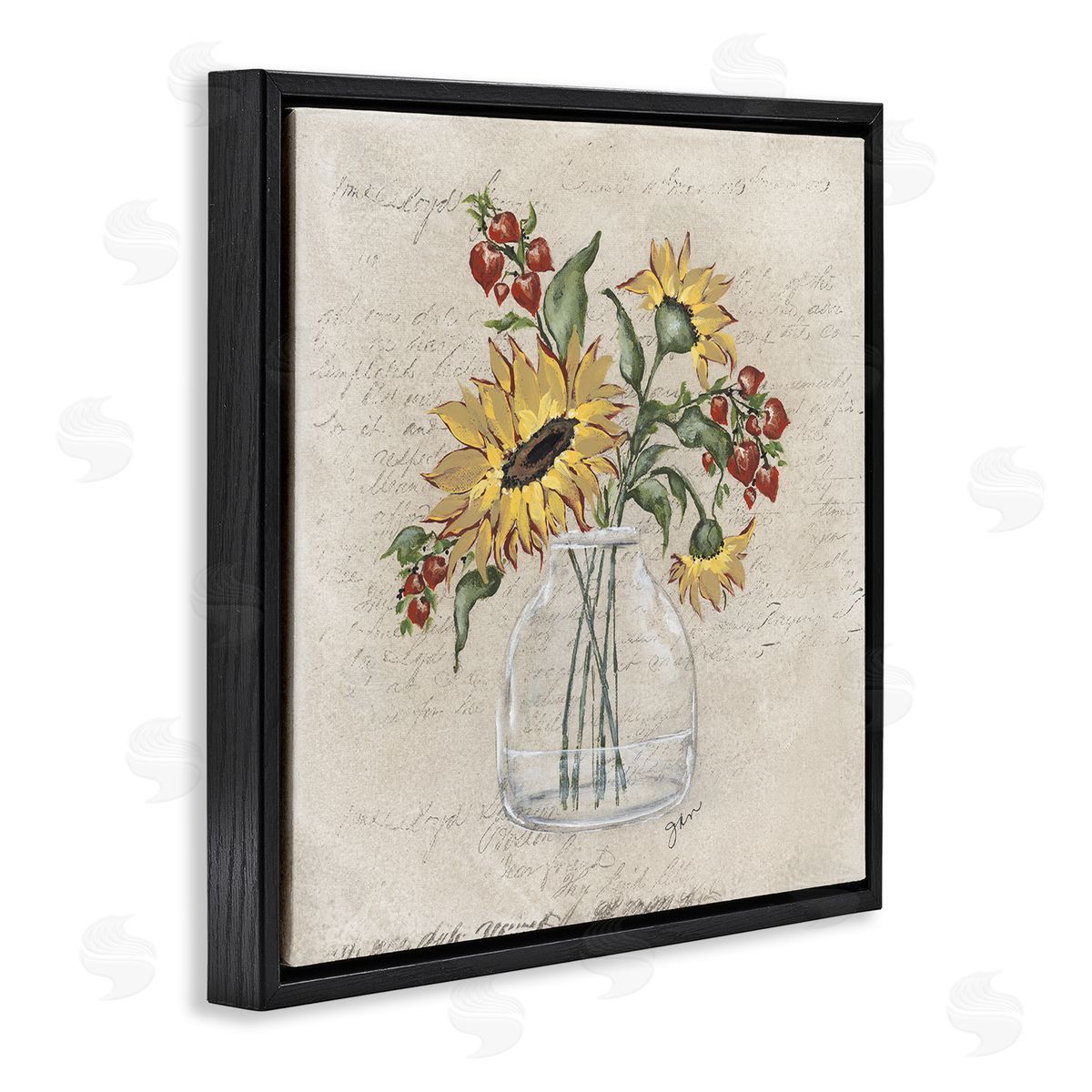 Julie Norkus Vintage Mixed Sunflower Arrangement Black Floating Frame Canvas Wall Art Print