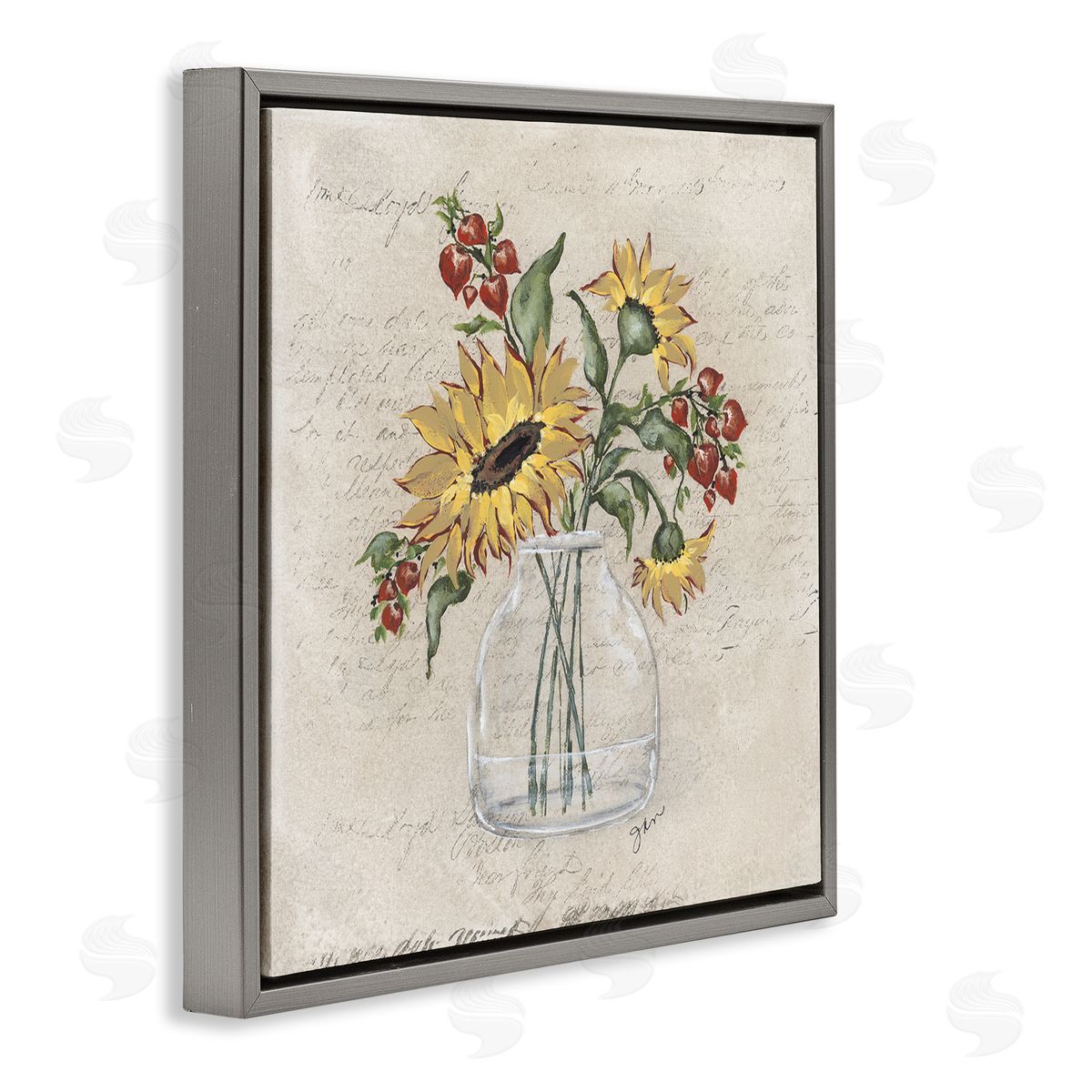 Julie Norkus Vintage Mixed Sunflower Arrangement Gray Floating Frame Canvas Wall Art Print