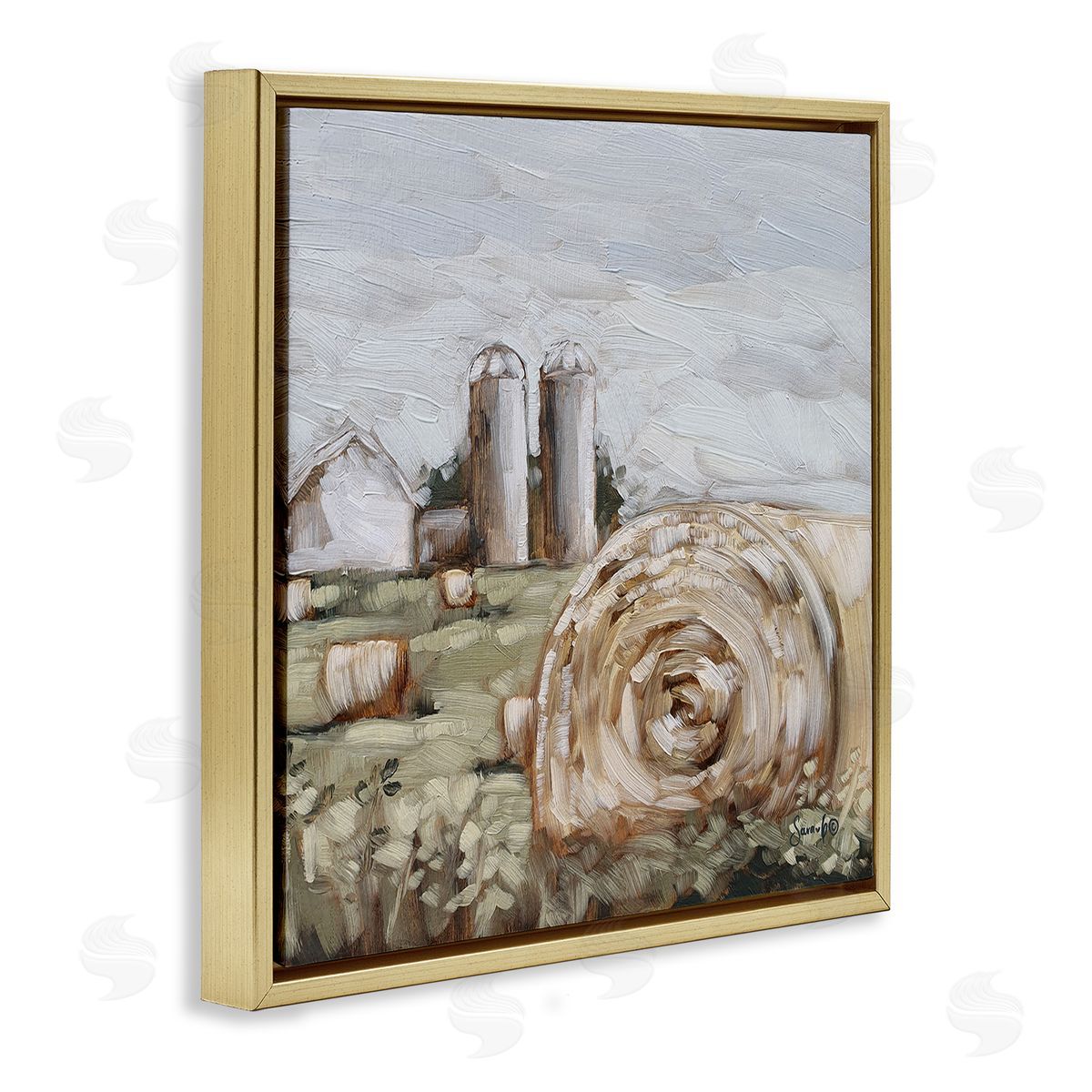 Hay Bales Farmland Pasture Gold Floating Frame Canvas Wall Art, Home Decor by Sara G. Designs