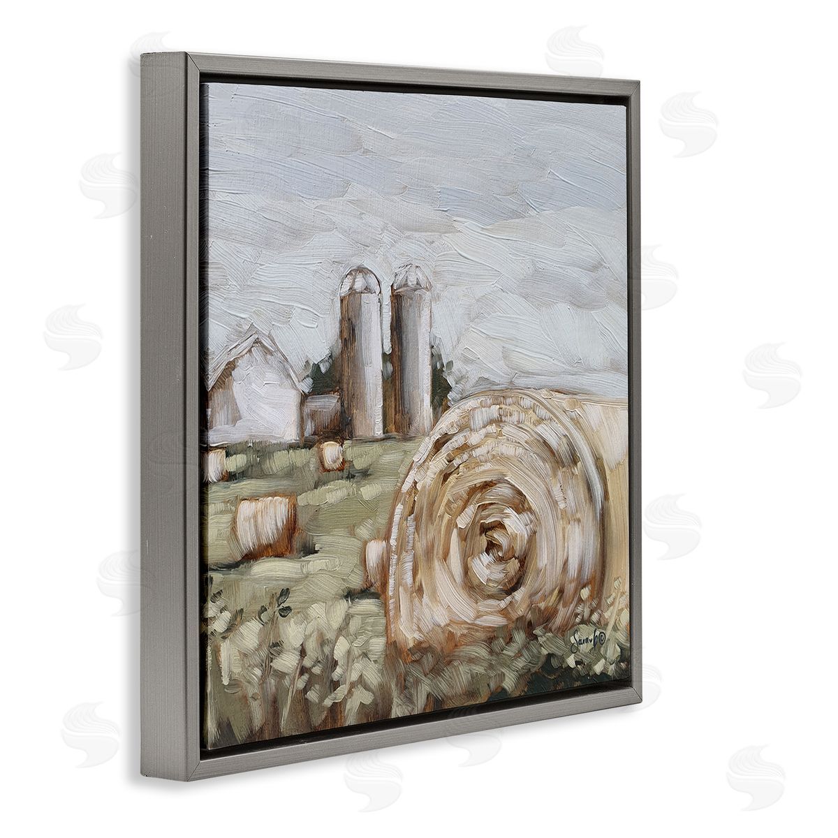 Hay Bales Farmland Pasture Grey Floating Frame Canvas Wall Art, Home Decor by Sara G. Designs