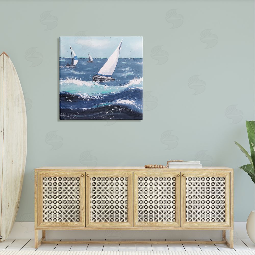 Jade Reynolds Rough Ocean Waves Sailing Boats Canvas Wall Art in Room
