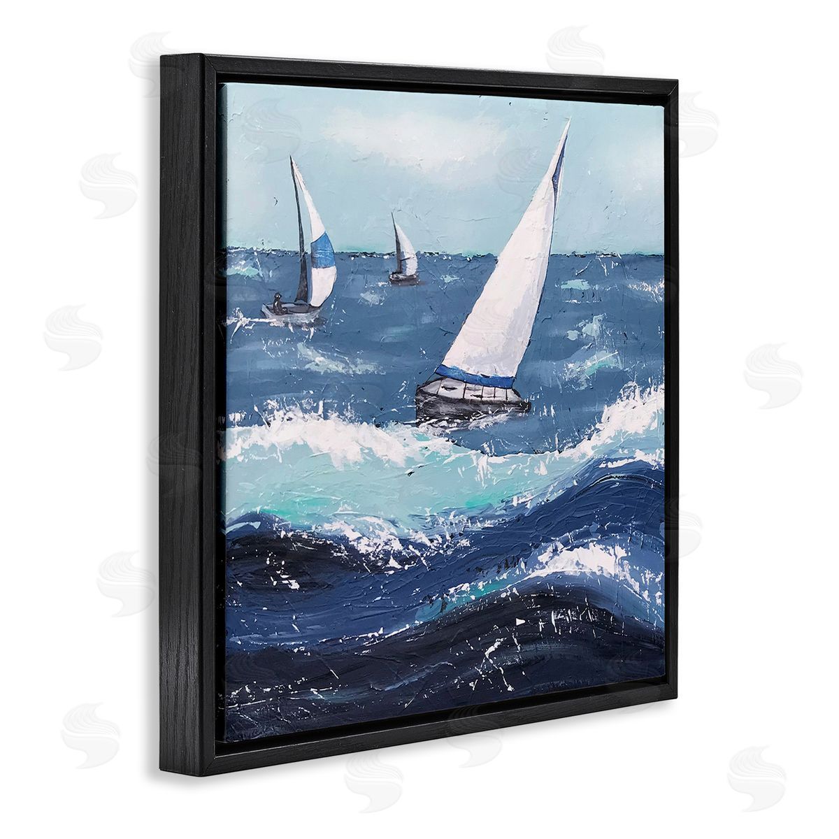 Jade Reynolds Rough Ocean Waves Sailing Boats Black Floating Frame Canvas Wall Art Print