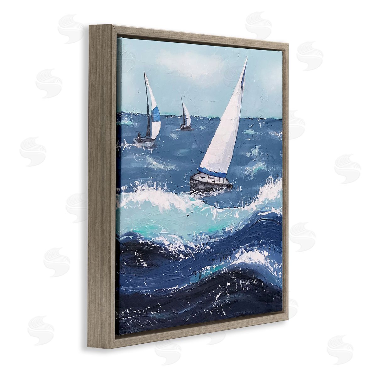 Jade Reynolds Rough Ocean Waves Sailing Boats Brown Floating Frame Canvas Wall Art Print