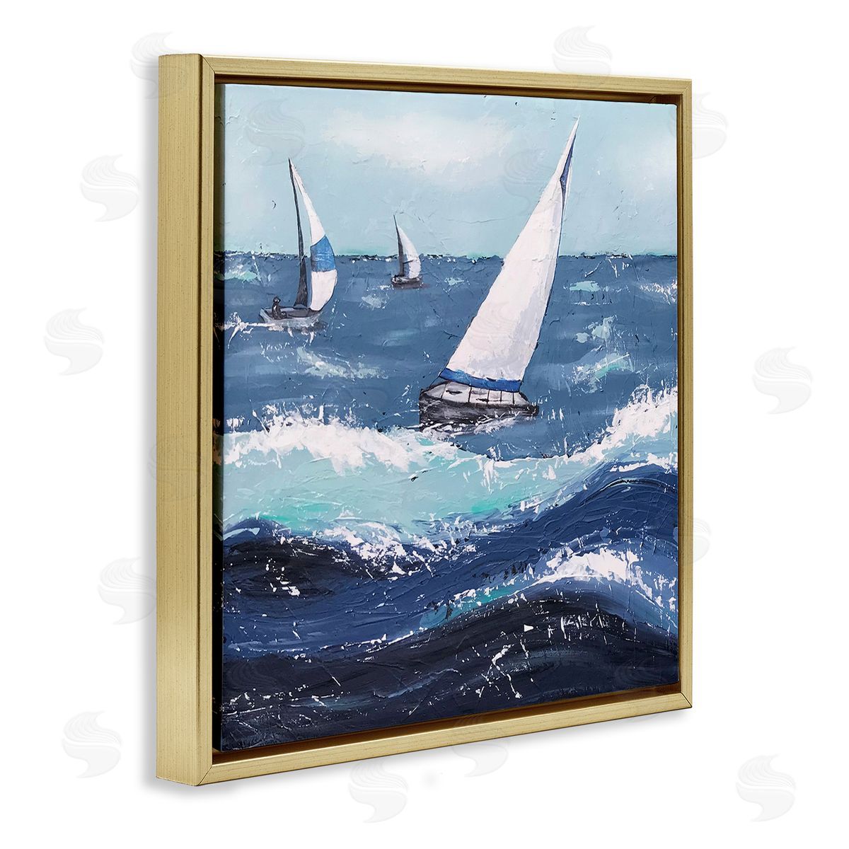 Jade Reynolds Rough Ocean Waves Sailing Boats Gold Floating Frame Canvas Wall Art Print