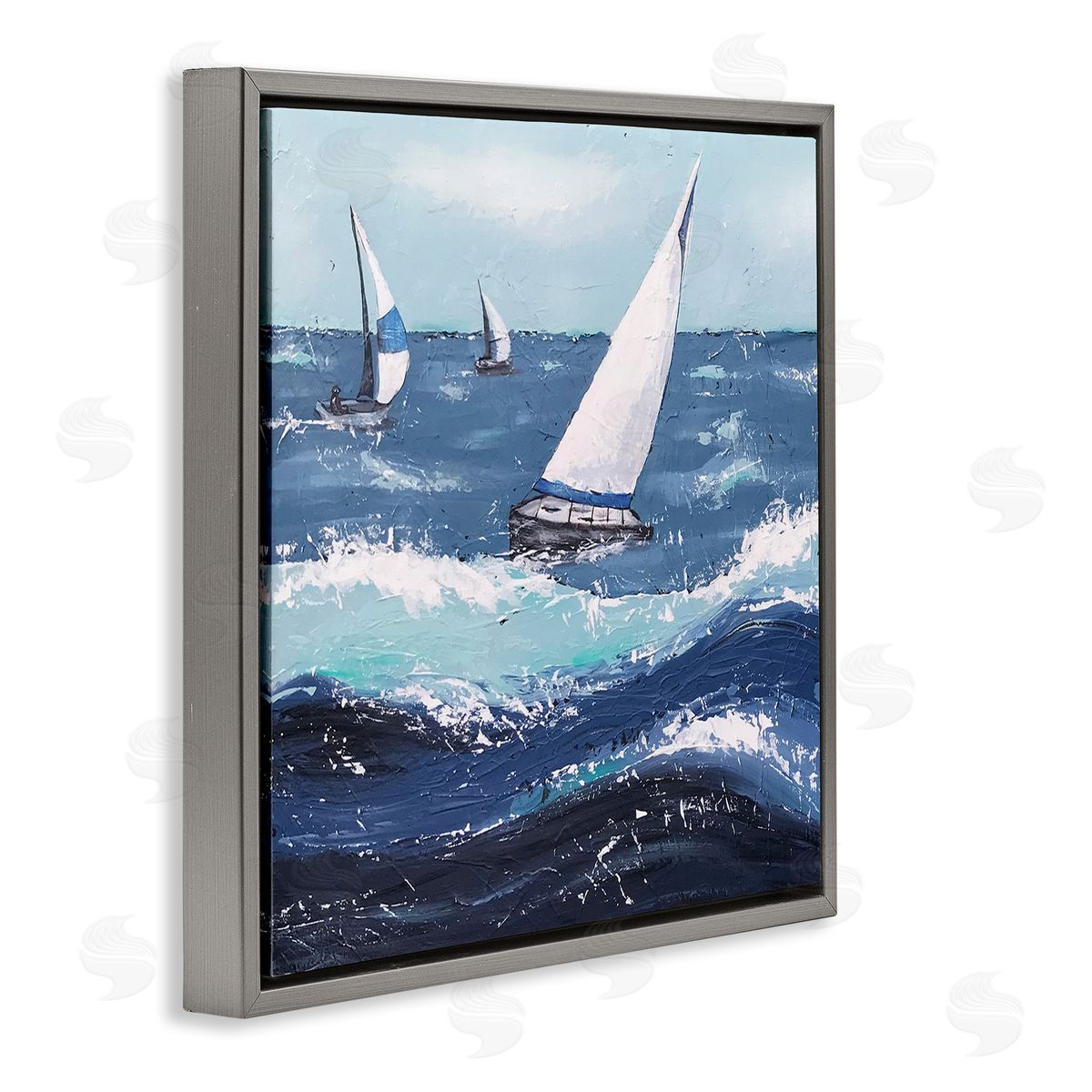 Jade Reynolds Rough Ocean Waves Sailing Boats Gray Floating Frame Canvas Wall Art Print