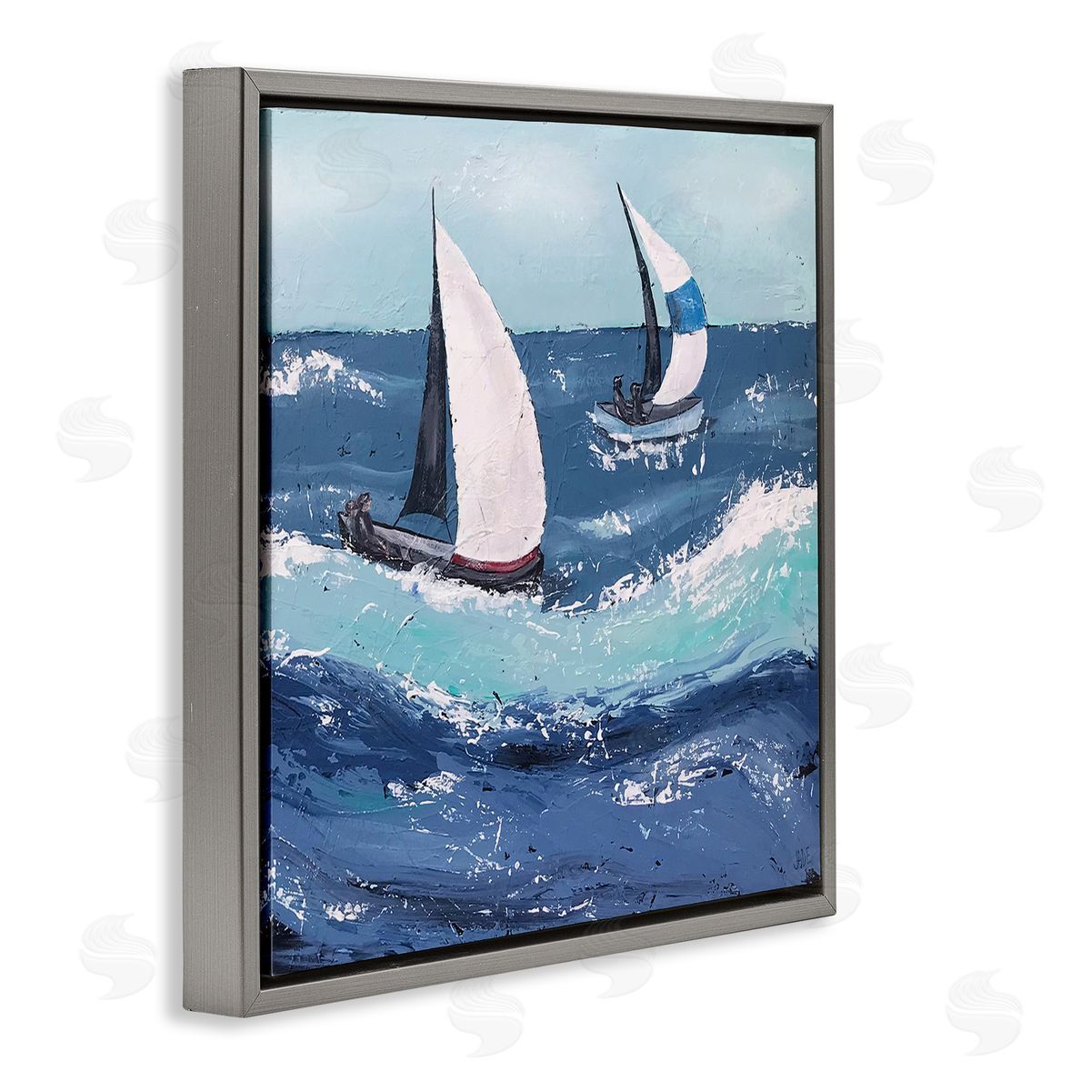 Jade Reynolds Sailing Sea Waves Splashing Gray Floating Frame Canvas Wall Art Print