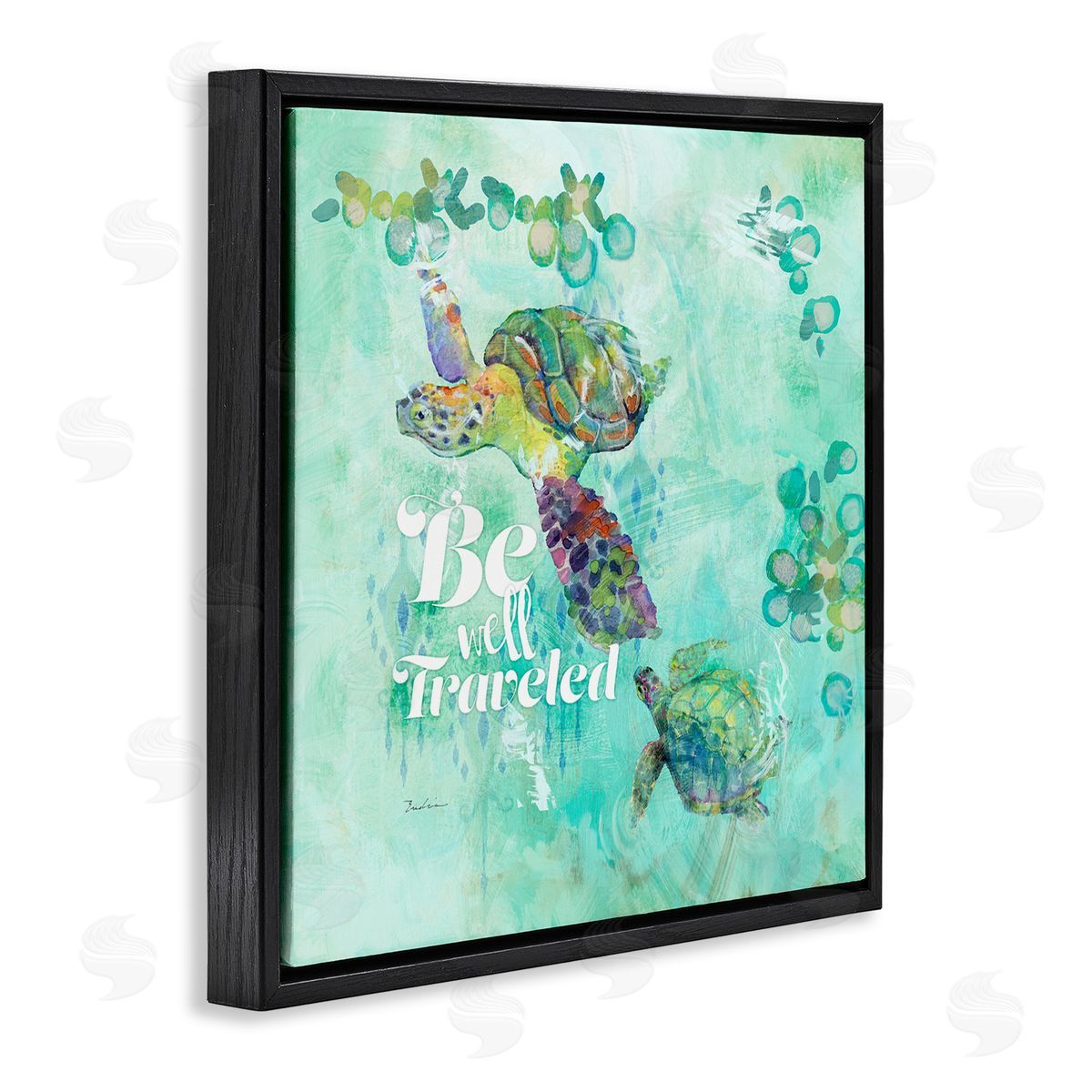 Evelia Designs Be Well Traveled Sea Turtle Swimming Black Floating Frame Canvas Wall Art Print