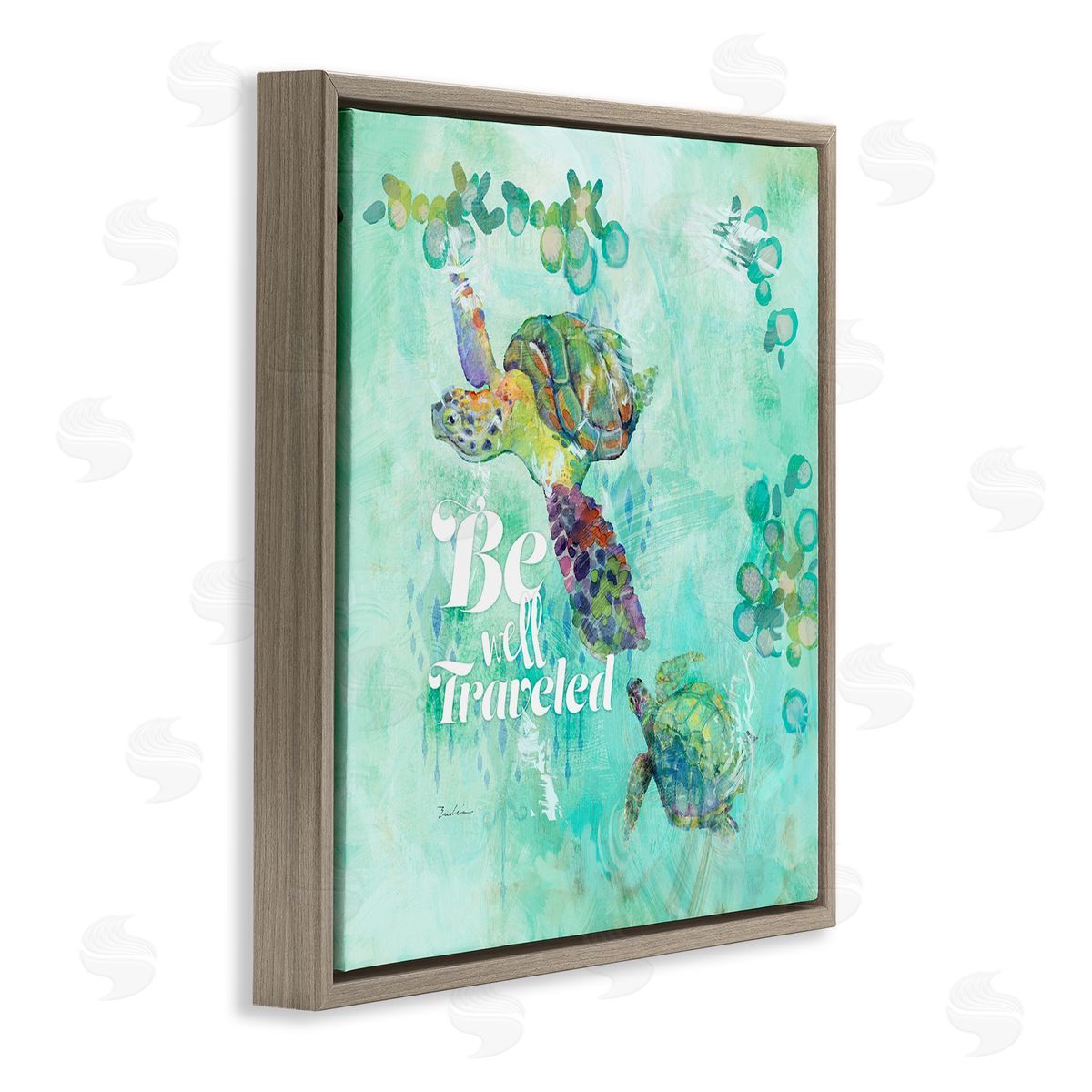 Evelia Designs Be Well Traveled Sea Turtle Swimming Brown Floating Frame Canvas Wall Art Print