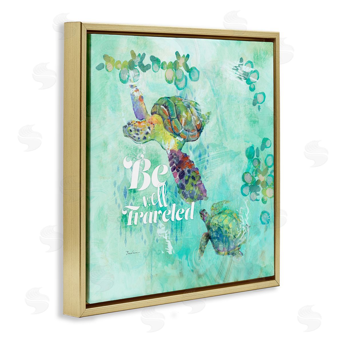 Evelia Designs Be Well Traveled Sea Turtle Swimming Gold Floating Frame Canvas Wall Art Print