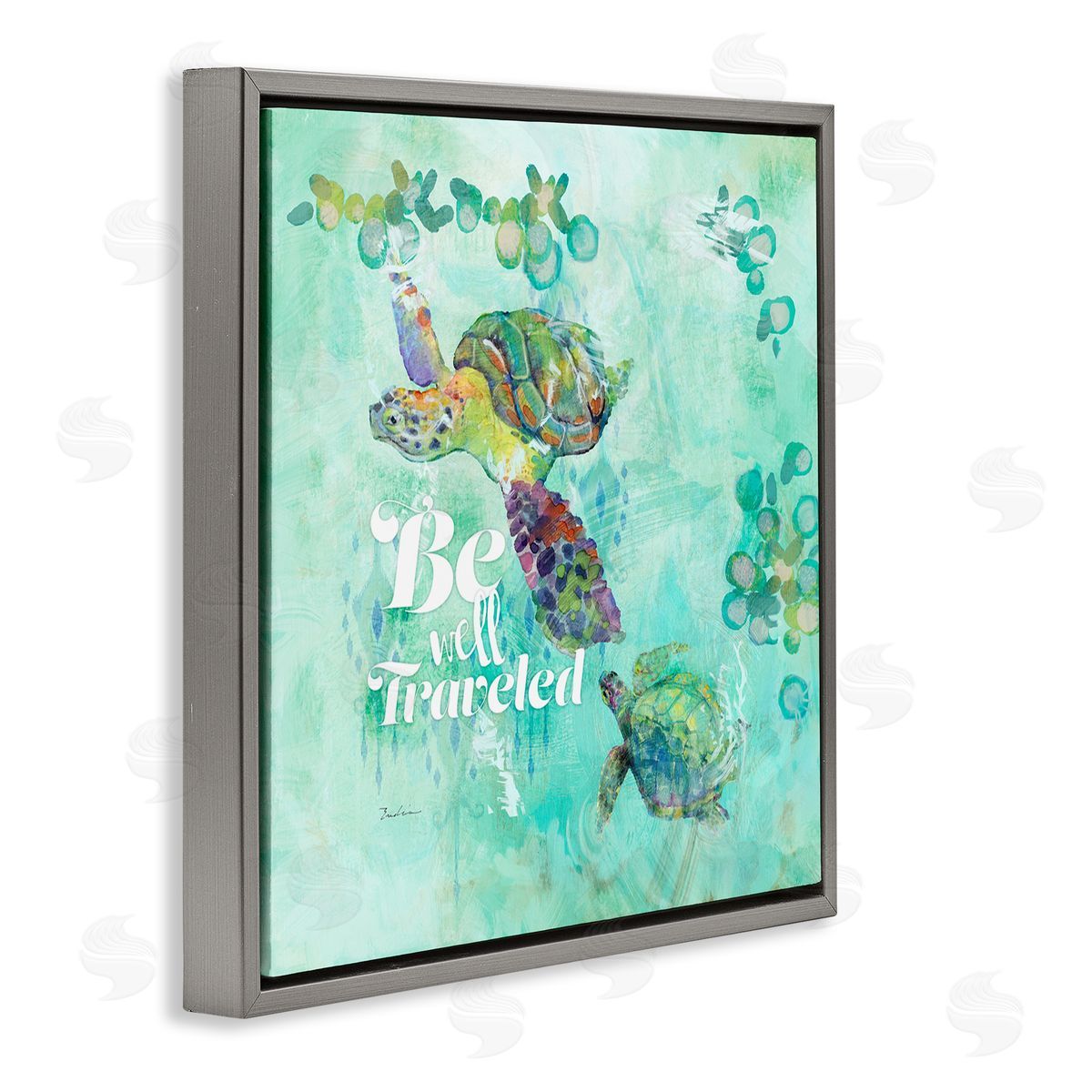Evelia Designs Be Well Traveled Sea Turtle Swimming Gray Floating Frame Canvas Wall Art Print