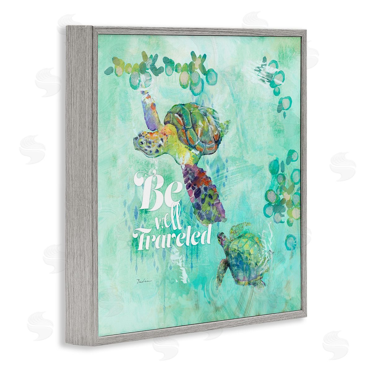 Evelia Designs Be Well Traveled Sea Turtle Swimming Gray Framed Glicee Wall Art Print