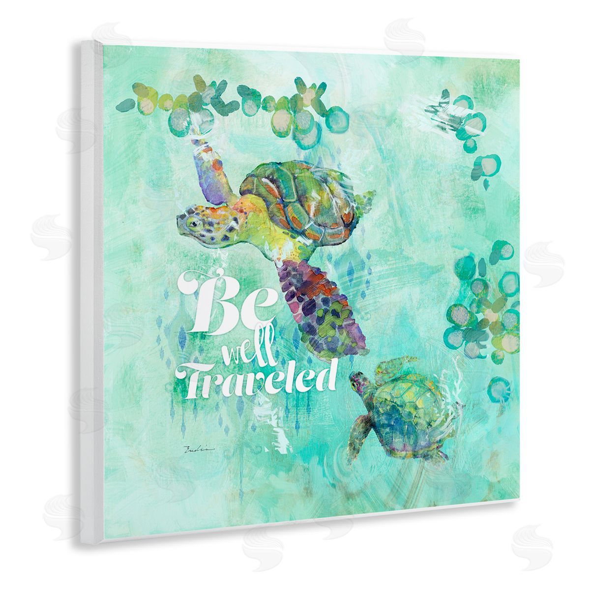 Evelia Designs Be Well Traveled Sea Turtle Swimming Wooden Wall Plaque Art Print