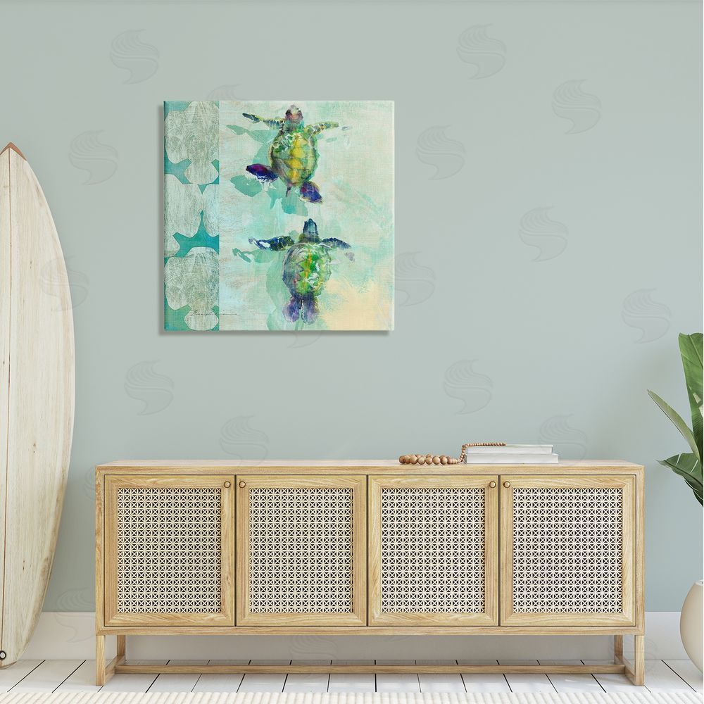 Evelia Designs Green Turtles Swimming Abstract Shapes Canvas Wall Art in Room