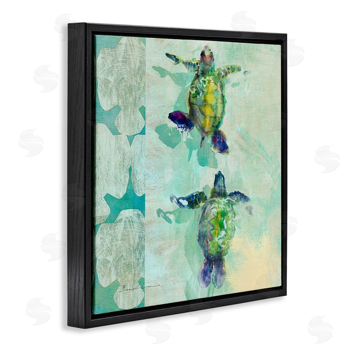 Evelia Designs Green Turtles Swimming Abstract Shapes Black Floating Frame Canvas Wall Art Print