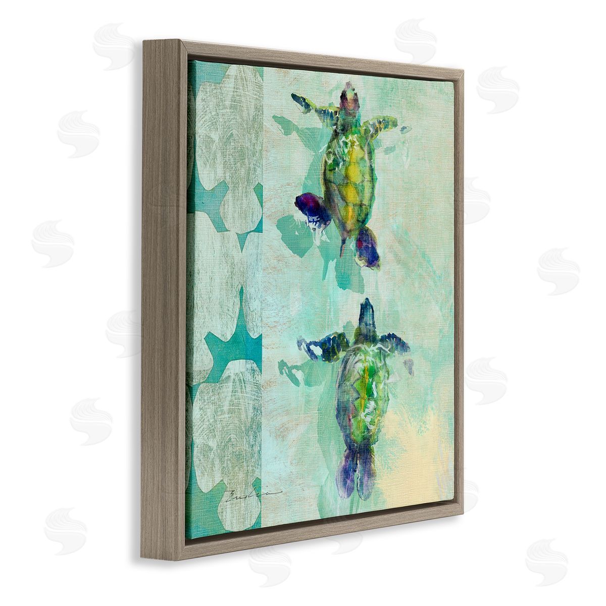 Evelia Designs Green Turtles Swimming Abstract Shapes Brown Floating Frame Canvas Wall Art Print