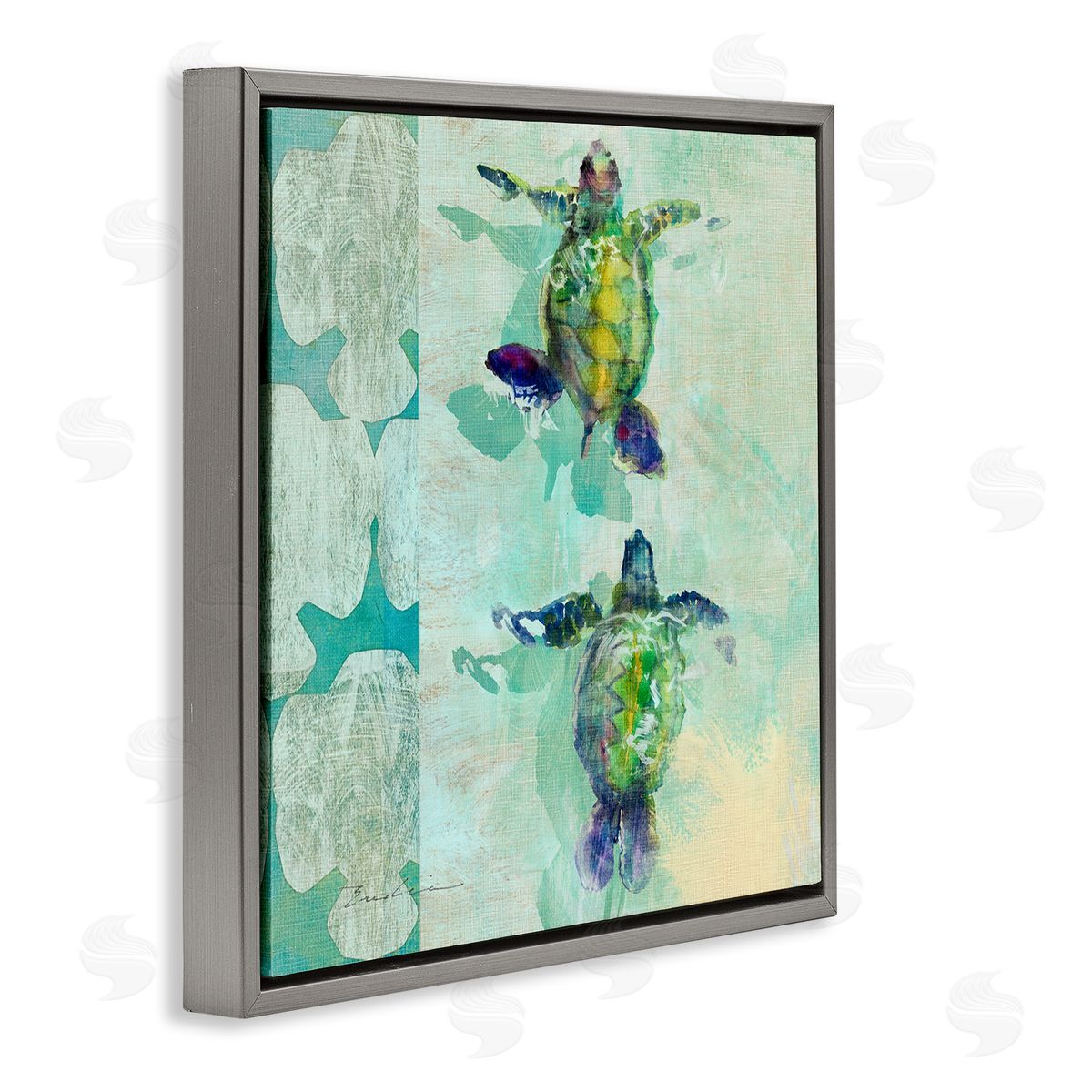 Evelia Designs Green Turtles Swimming Abstract Shapes Gray Floating Frame Canvas Wall Art Print