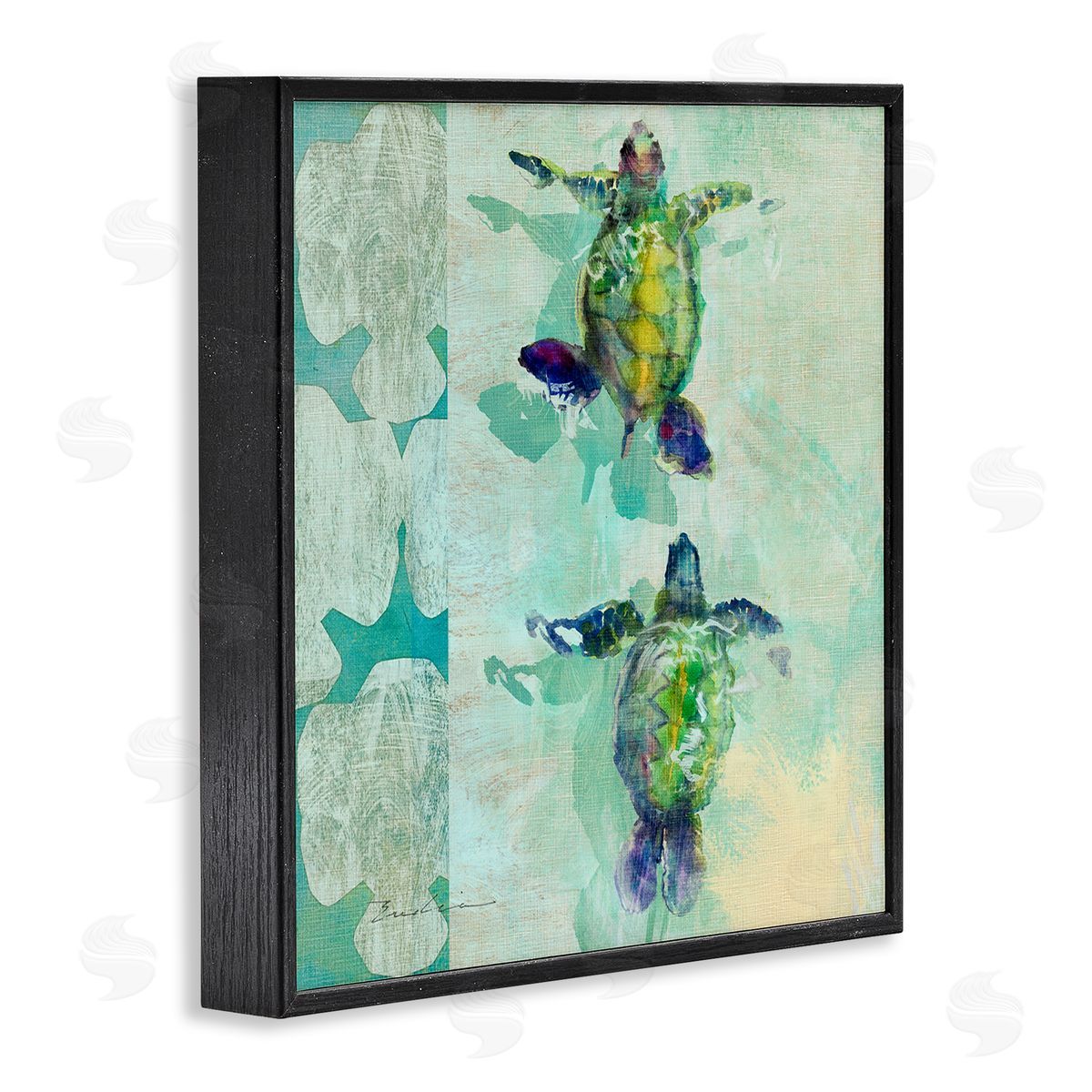 Evelia Designs Green Turtles Swimming Abstract Shapes Black Framed Glicee Wall Art Print