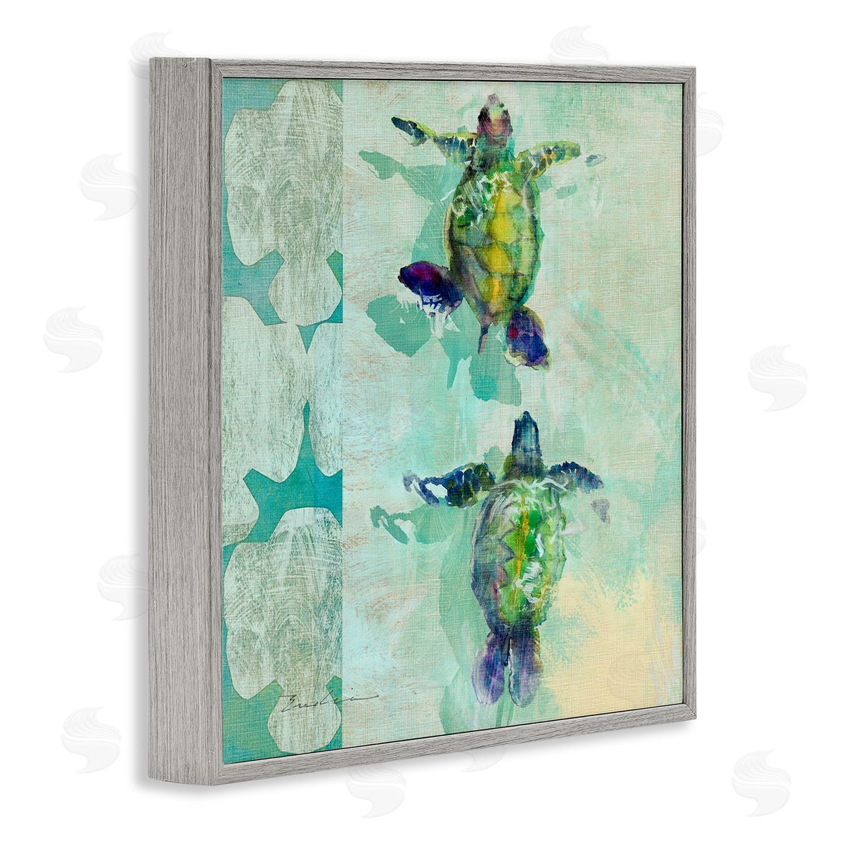 Evelia Designs Green Turtles Swimming Abstract Shapes Gray Framed Glicee Wall Art Print