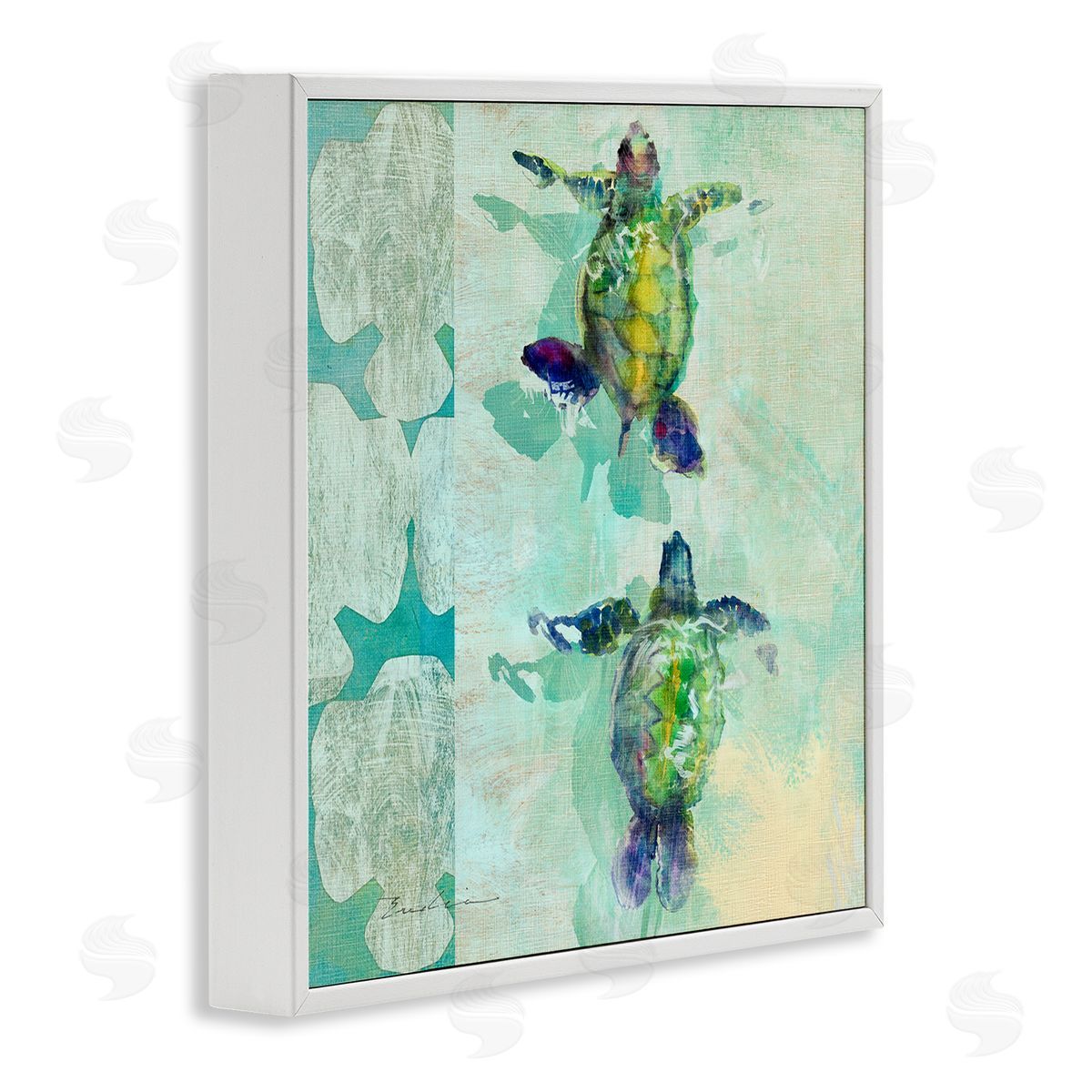 Evelia Designs Green Turtles Swimming Abstract Shapes White Framed Glicee Wall Art Print