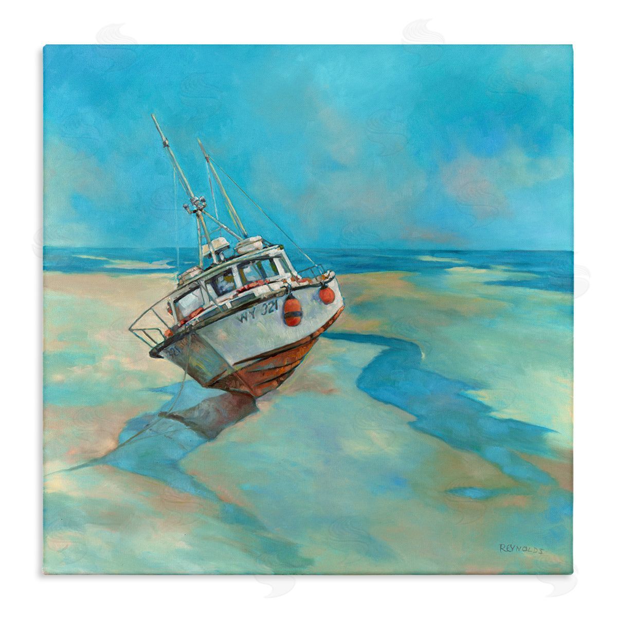 Graham Reynolds Low Tide Boat Beach Shore Stretched Canvas Wall Art Print