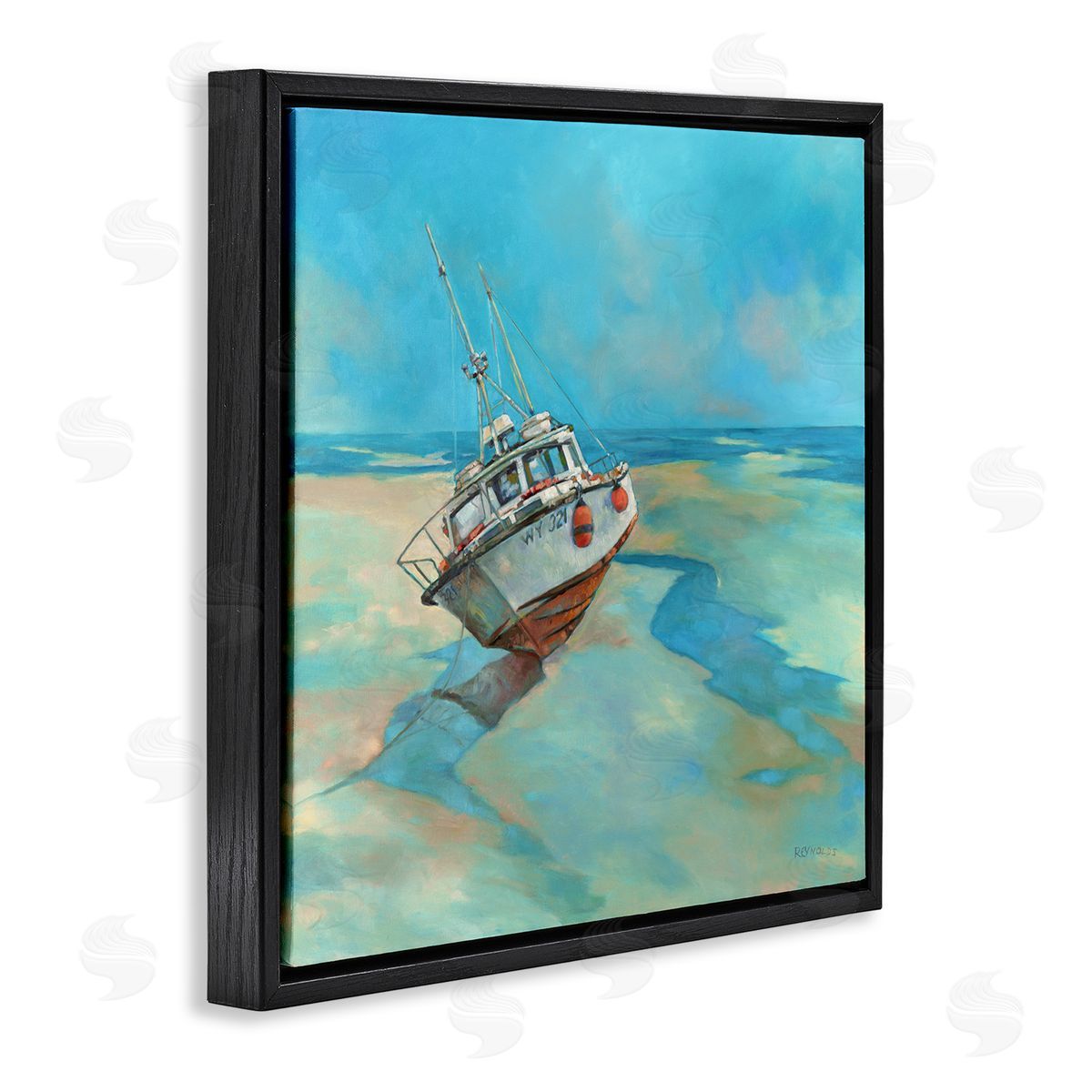 Graham Reynolds Low Tide Boat Beach Shore Black Floating Frame Canvas Wall Art Print