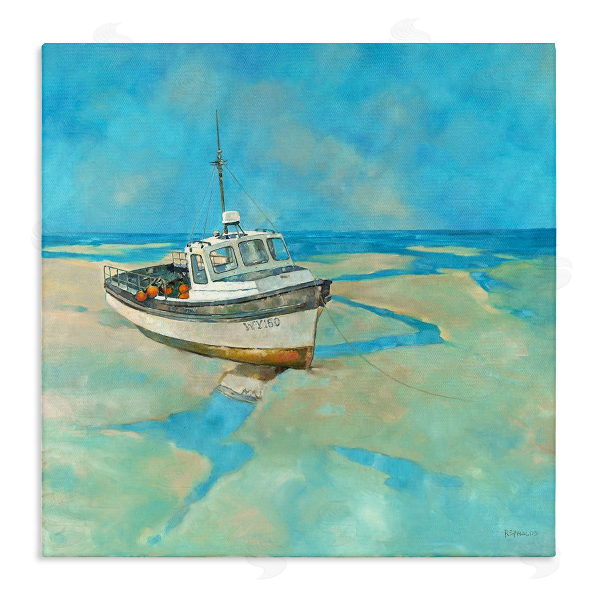 Graham Reynolds Docked Boat Low Tide Shore Stretched Canvas Wall Art Print