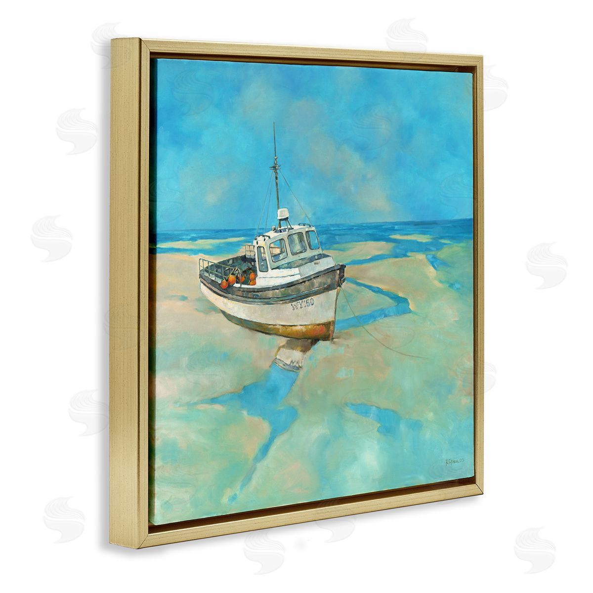Graham Reynolds Docked Boat Low Tide Shore Gold Floating Frame Canvas Wall Art Print