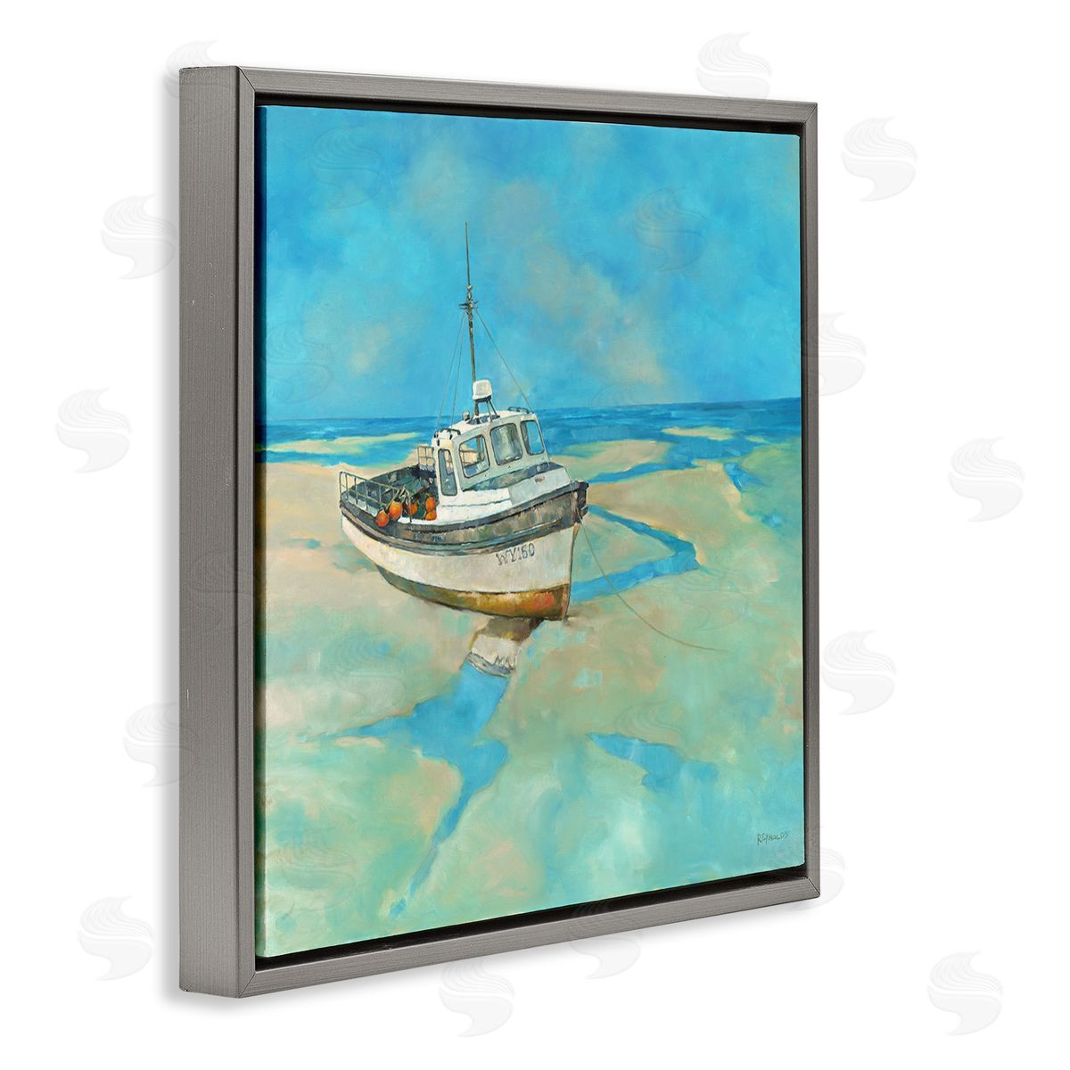 Graham Reynolds Docked Boat Low Tide Shore Gray Floating Frame Canvas Wall Art Print